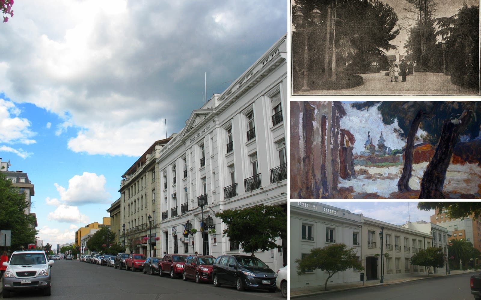 Collage de calles de Talca: la calle 1 Sur con sus edificios neoclásicos, la Plaza de Armas en 1906, una pintura de una calle de Talca de Agustín Abarca y casas antiguas de 1 Norte