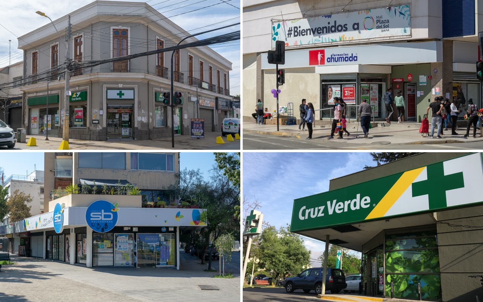 Collage de farmacias: locales de Cruz Verde, Farmacias Ahumada y Salcobrand