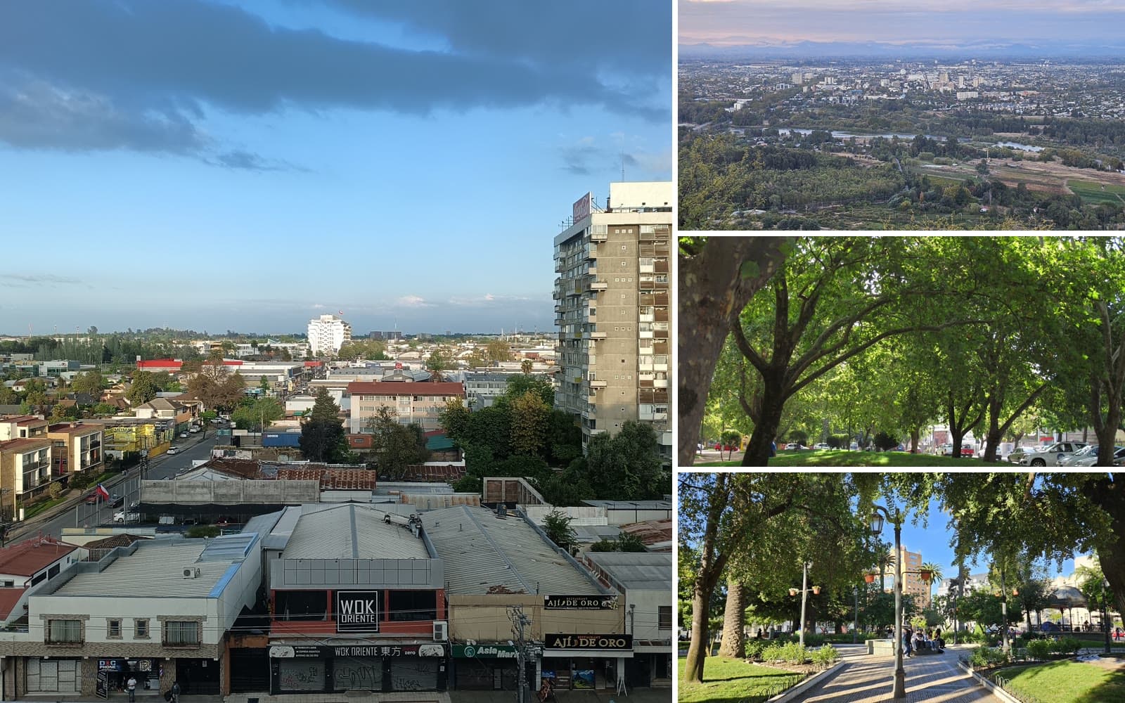 Collage de Talca: vista de las villas al atardecer, el centro con la cordillera, la Plaza de Armas y una plaza y una calle de la Población Nuevo Amanecer