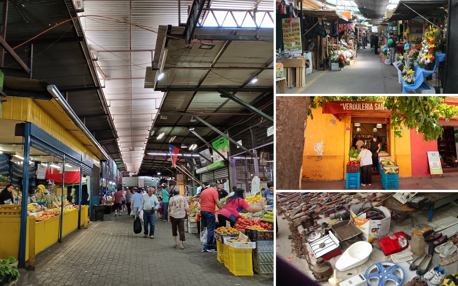 Collage de negocios de barrio de Talca: el Centro Regional de Abastecimiento (CREA), el interior del Mercado Central de Talca, una verdulería de San Clemente y una feria persa en Talca