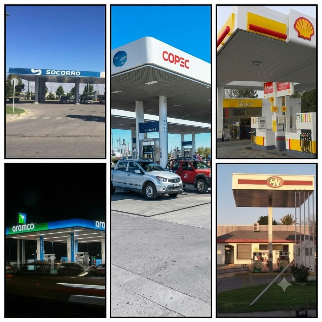 Collage de servicentros Copec, Shell, Aramco y otras marcas