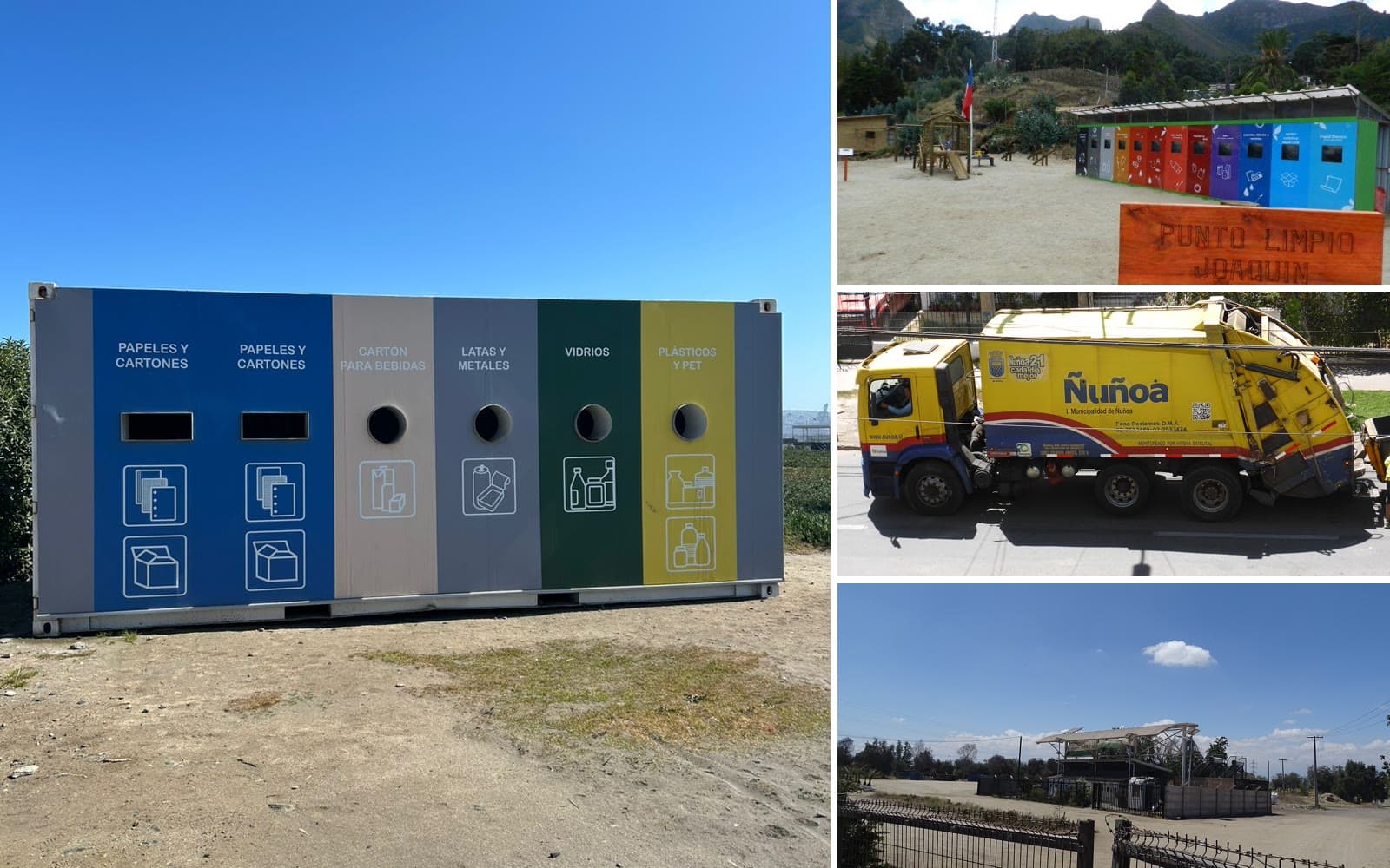 Collage de reciclaje: contenedor con compartimentos para papel, cartón, latas, vidrio y plástico, un punto limpio, un camión recolector y una planta de reciclaje
