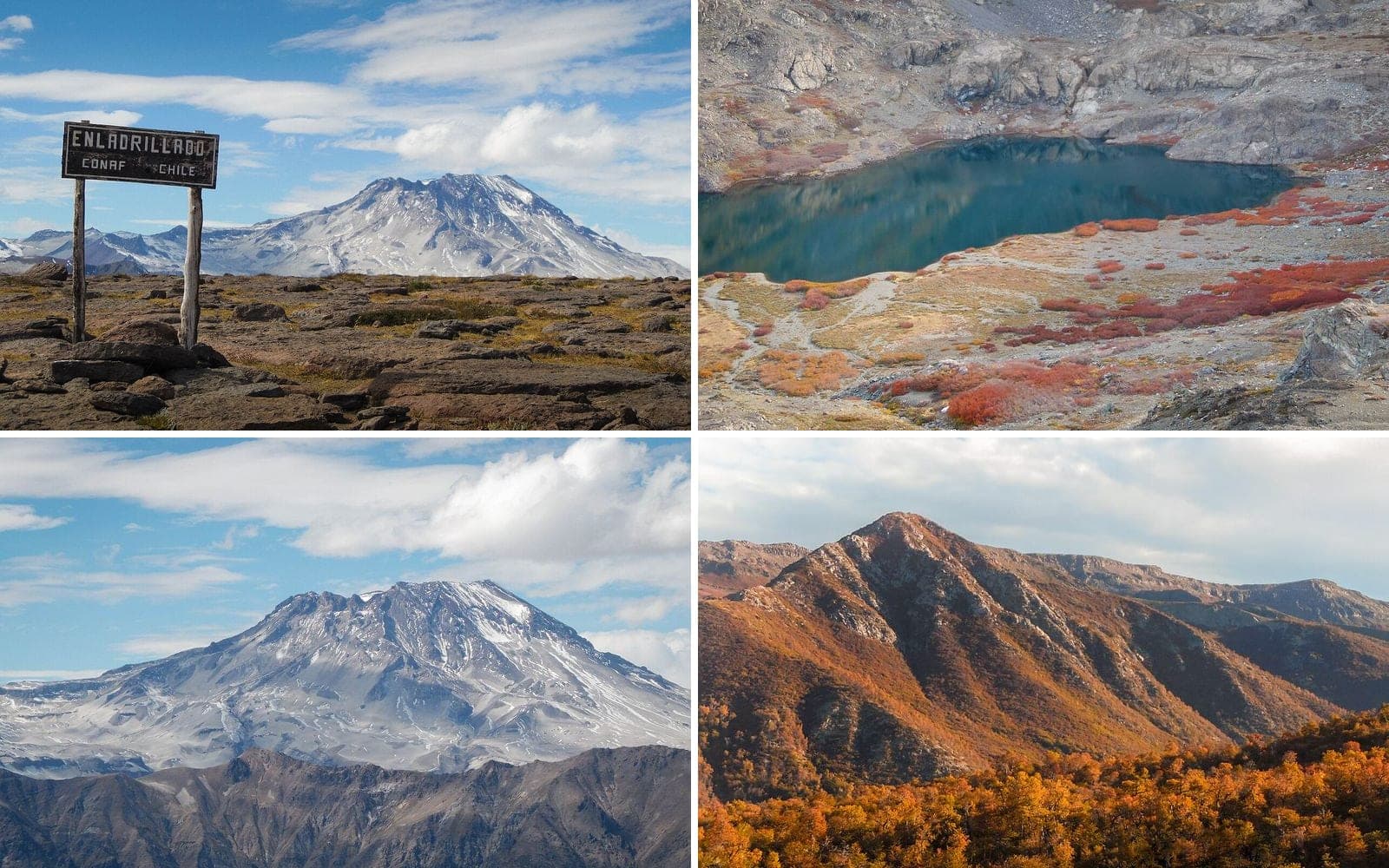 Collage de la Reserva Nacional Altos de Lircay: el Enladrillado, la Laguna del Alto, el volcán Descabezado Grande y el bosque en otoño