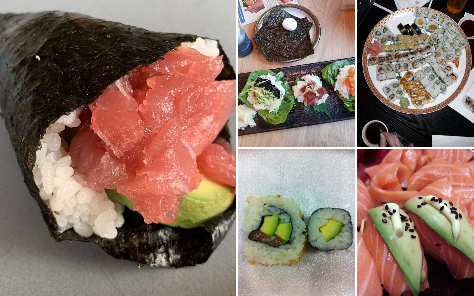 Collage de sushi: hand roll de atún con palta, hand rolls servidos en bandeja, fuente de rolls, roll de salmón con palta y nigiris de salmón